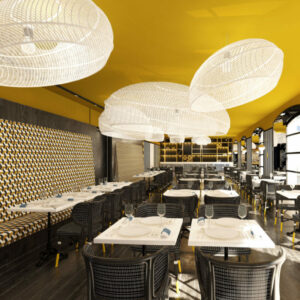 Restaurant avec luminaires design et décor géométrique